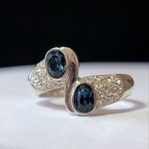Vintage Silver Tone Faux Diamond and Sapphire Bypass RingSize 12.5